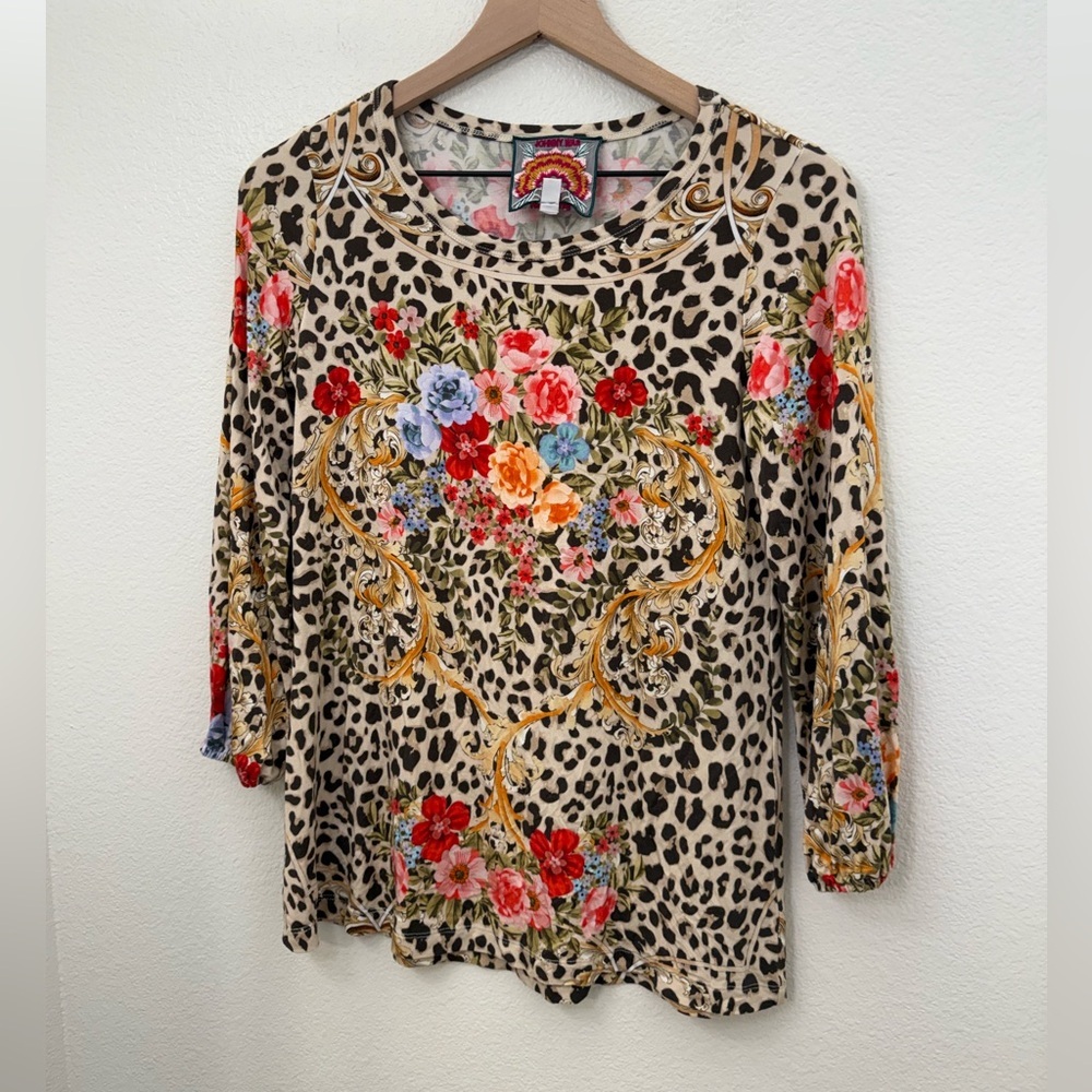 Johnny Was Leopard Floral Tunic Top Bamboo Viscose Puff Sleeve Boho XXS - Picture 5 of 12
